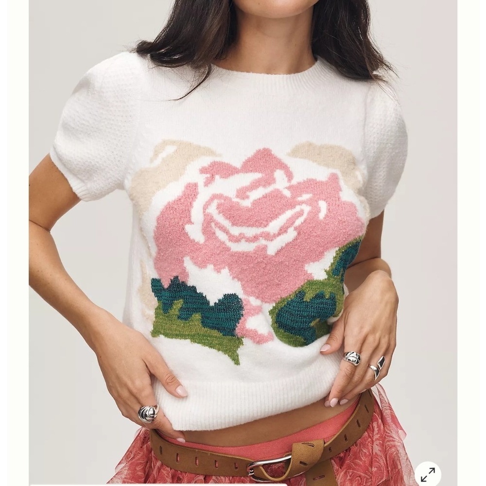 Anthropologie Puff Sleeve Rose Icon Sweater Cream Pink Women's Size Large
